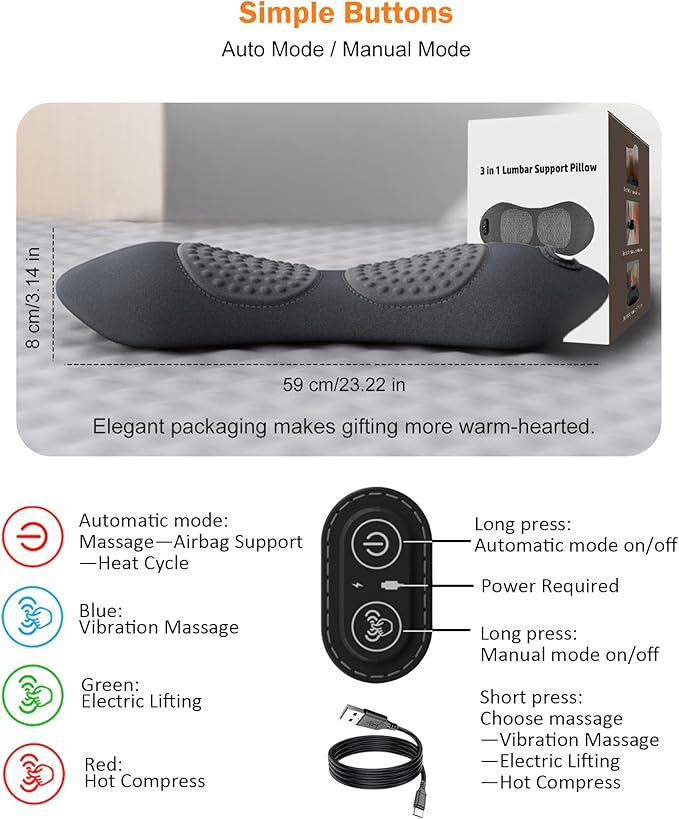 FSA Eligible HSA Triple Fusion Back MassagerSmooth Electric Lumbar Support Pillow Spine Back Massager with Heat &ampVibrating Massage AirbagTractionBack Support Pillow for Relief Deep Tissue