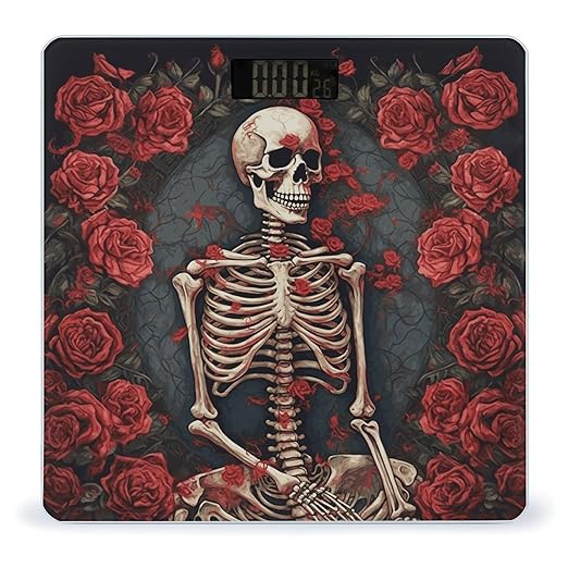 Skeleton with Roses Scale with LCD Easy-to-Read Anti-Slip Weight Digital Bathroom Scale Precision Weighing Scales Sturdy Tempered Glass Body Weight Scales for Daily Use