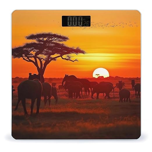 African Animal Sunset Scale for Body Weight High Precision Digital Weight Scales with LCD Display Anti-Slip Sturdy Slim Tempered Glass Bathroom Scale for Home Use