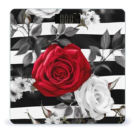 Black White Stripes Red Rose Flowers Bathroom Scale Large LCD Backlight Display Digital Scale Rounded Corners Body Scales Automatic Power On/Off Bathroom Scales for Home Bedrooms