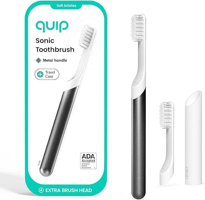 Quip Metal Sonic Electric Toothbrush for Adults - Time Travel &amp Soft Bristles with Travel Case &amp Replacement Brush Head - 3 Month Battery Life Slate