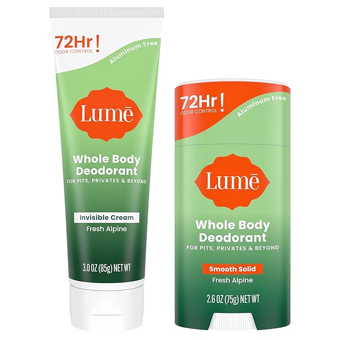 Lume Whole Body Deodorant - Invisible Cream Tube and Solid Stick - 72 Hour Odor Control - Aluminum Free Baking Soda Free Skin Loving - 3.0 Ounce Tube and 2.6 Ounce Solid Stick Bundle (Fresh Alpine)
