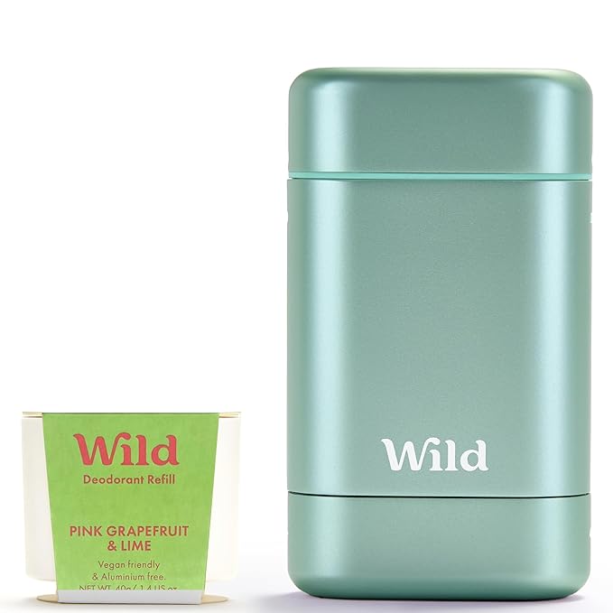 Wild Aluminum Free Deodorant for Men &amp Women Starter Kit - Refillable Stick Deodorant with Aqua Case and Pink Grapefruit &amp Lime Scented Refill (1.4oz) - Long Lasting Protection - Vegan Friendl