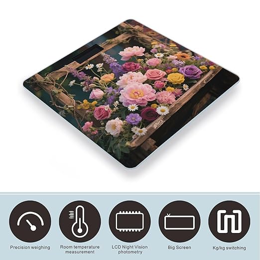 Retro Flowers Scale for Body Weight Sturdy Tempered Glass Weighing Scales with LCD Display Accurate Digital Bathroom Scale Convenient Body Fat Smart Scales Easy Read