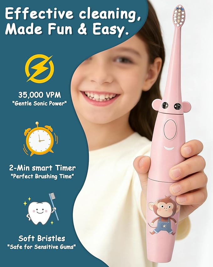 HUACOCARE Kids Water Flosser &amp Electric Toothbrush Combo | Giraffe &amp Monkey Design | 3 Gentle Modes &amp 2 Sonic Modes | All-in-One for Healthy Brushing Habits |Braces-Friendly | Gift for Boy