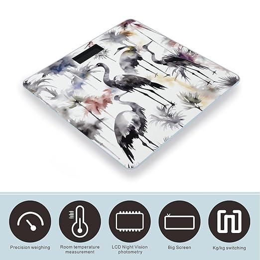 Black and White Crane Pattern Bathroom Scale Automatic Power On/Off Body Scales LCD Backlight Display Square Digital Scale Rounded Corners Bathroom Scales for Home Bedrooms