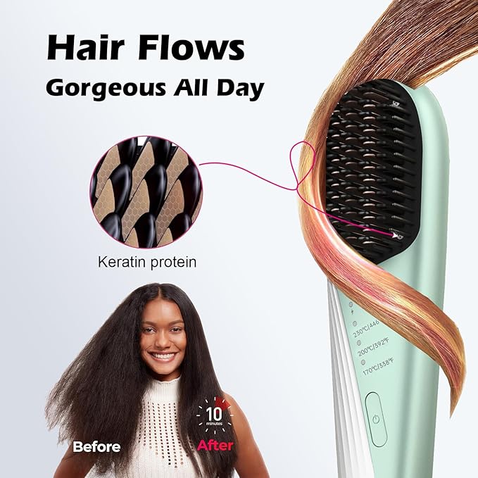 Go Brush Pro Cordless Hair Straightener Brush - Portable Travel-Friendly 30s Quick Heat 10000mAh USB-C Rechargeable 150M Negative Ions (Green(10000mAh))
