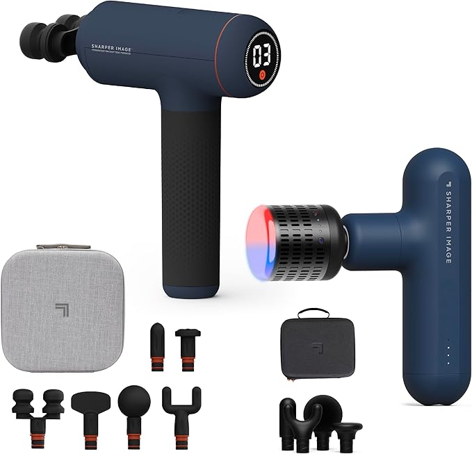 Sharper Image Recovery &amp Wellness Massager Bundle - Powerboost Max with 6 Attachments &amp Powerboost Move with Hot + Cold Therapy| Deep Tissue Percussion Massage Gun| Muscle Relief Workout Recov