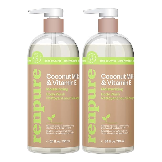 Renpure Coconut Milk &amp Vitamin E Moisturizing Body Wash - Gently Cleanses &amp Restores Moisture Balance - For Soft Hydrated &amp Healthy-Looking Skin - With Coconut Oil &amp Vitamin E - 24 Fl
