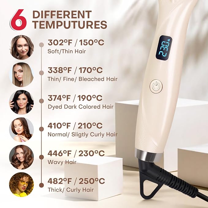Hair Straightener Brush- Hair straighteners for Women Ceramic Ionic Straightener Comb with Less Frizz | 20s Fast Heating | 2 in 1 Flat Iron Brush Dual Voltage Travel Champagne
