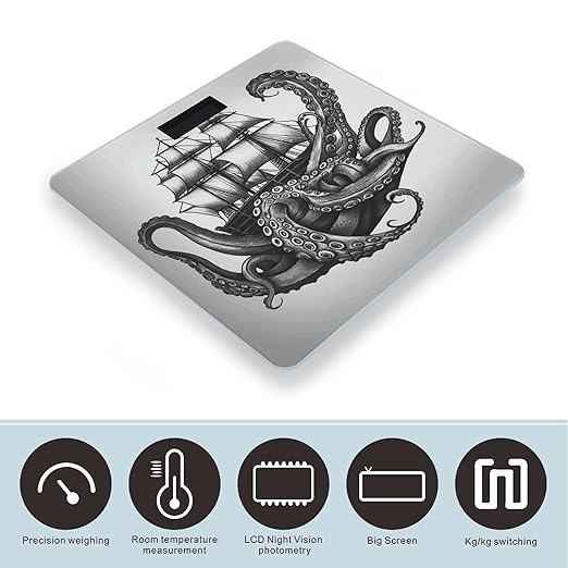 Black and White Octopus and Ship Bathroom Scale Weight Scale for Body WeightHighly Accurate Digital Weighing Machine Clear LED Display Digital Bathroom Body Scale 400lb/182kg