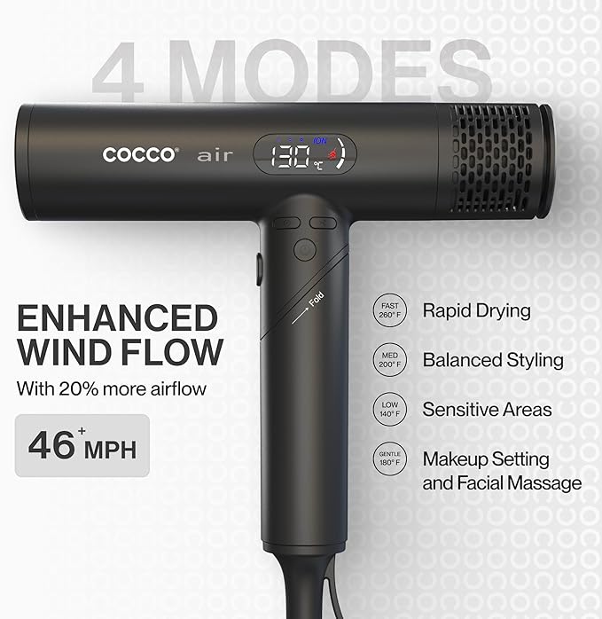 COCCO Iconic Air Ionic Hair Dryer Black – Professional High-Speed 110000 RPM Brushless Blow Dryer with Diffuser – Infrared Technology 4 Heat Modes Dual Voltage Lightweight Salon Hair Dryer