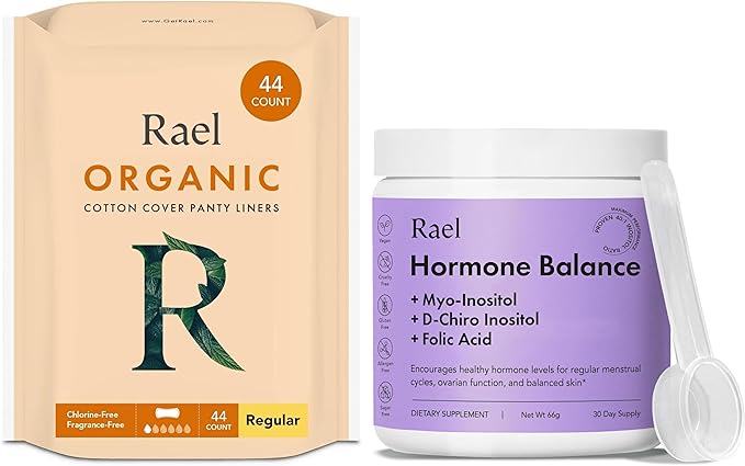 Rael Bundle - Organic Cotton Cover Panty Liners (Regular 44 Count) &amp Hormone Balance Supplement for Women Fertility &amp Ovarian Support (30 Day Supply)