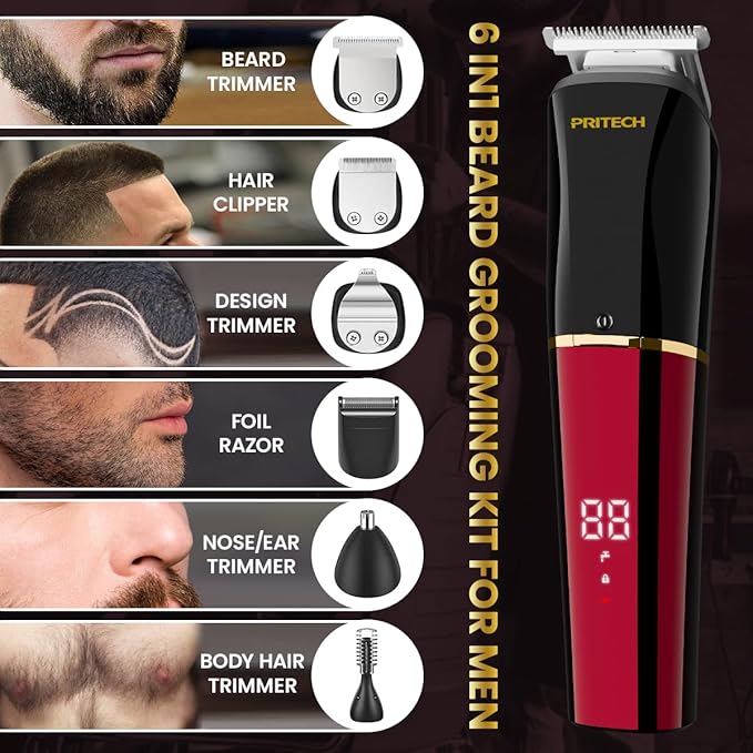 PRITECH Beard Trimmer for Men6 in 1 Hair Clippers Kit Precision Cordless Grooming Kit Waterproof IPX6 for Beard Hair Body Nose Ear with Foil Razor (Red)
