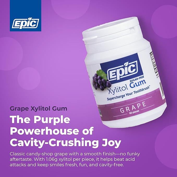 Epic 100% Xylitol Grape Chewing Gum - Sugar Free Aspartame Free Dental Gum - Supports Oral Health &amp Fresh Breath - 50 Pieces (Pack of 3)