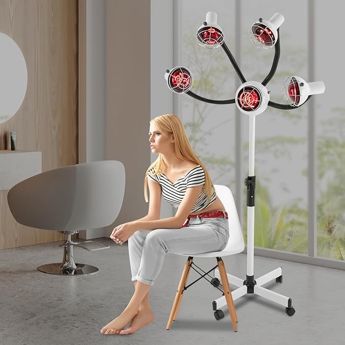5-Head Infrared Light Heating Therapy Red Lamp 110V 750W Adjusting Height &amp Angle Hair Dryer Hair Color Processor Infrared 5 Red Lights for Hair Salon White