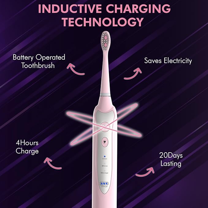 Sonic Electric Toothbrush for Adults with 5 Toothbrush Replacement Heads 3 Brushing Modes &amp 2 Minutes Built-in Timer Travel Toothbrushes with Inductive Charging Rechargeable toothbrush | Pink