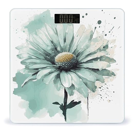 Mint Green Watercolor Daisy Scale for Body Weight Anti-Slip Digital Bathroom Scale Sturdy Toughened Glass Weighing Scales High Precision Safe Rounded Corners Smart Scales