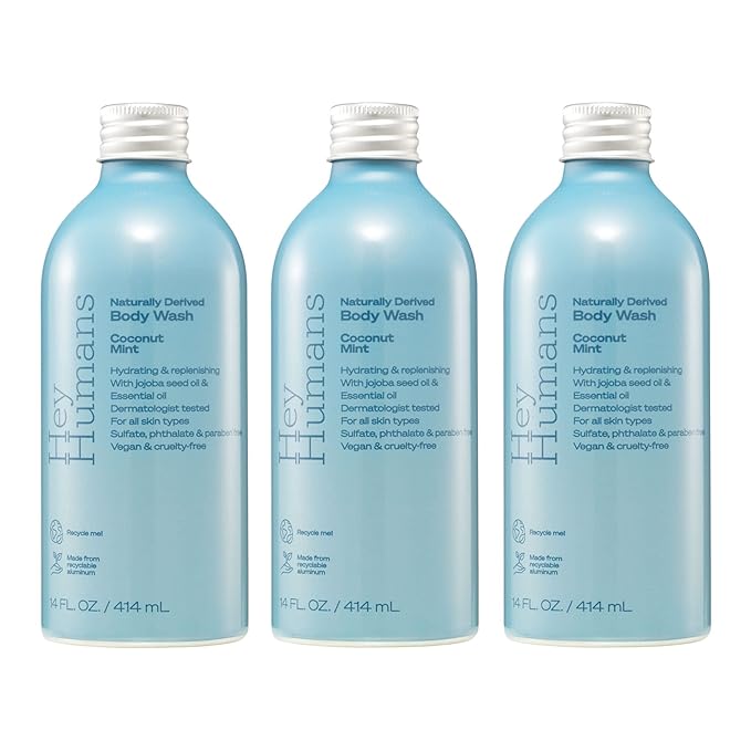 Hey Humans Coconut Mint Moisturizing Body Wash with Natural Ingredients &amp Jojoba Oil | Clean Vegan Sulfate Free Bath &amp Body Wash for Women &amp Men | Recyclable Bottle 14 fl. oz. - Pack of