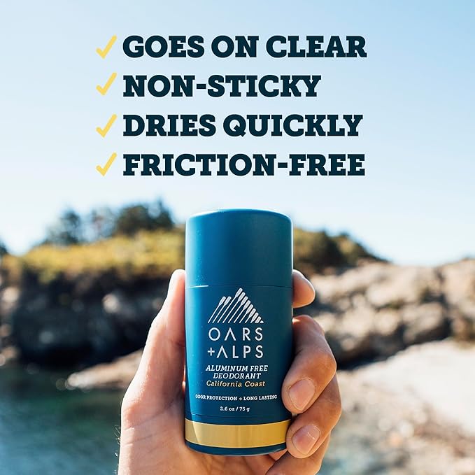 Oars + Alps Aluminum Free Deodorant for Men | Long Lasting Odor Protection Clear &amp Free of White Residue Anti-Chafing Smooth Glide Dermatologist Tested California Coast 2pk 2.6oz