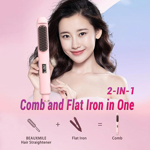 1” Flat Iron with Straightening Comb 2-in-1 Hair Straightener Brush for Styling and Frizz Control 30+ Temps Negative Ions Hair Care Dual Voltage for All Hair Types Pink