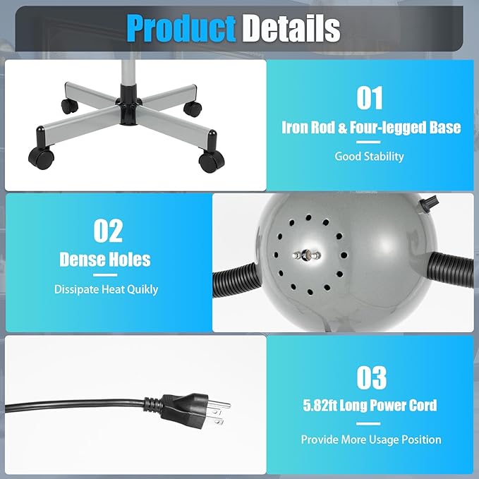 750w Professional Standing Hair Dryer 5 Head Infrared Heat Lamp Portable Floor Hair D-Ryer with 4 PP Universal Wheels Adjustable Height Infrared Heat Lamp Floor Hair Dryer Stable Base 104-176℉