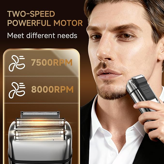 Electric Foil Shaver for MenElectric Razor with Pop-up TrimmerCordless Beard TrimmerWaterproofWet &amp Dry ShavingLED Display2-Speed Mode (Silver)