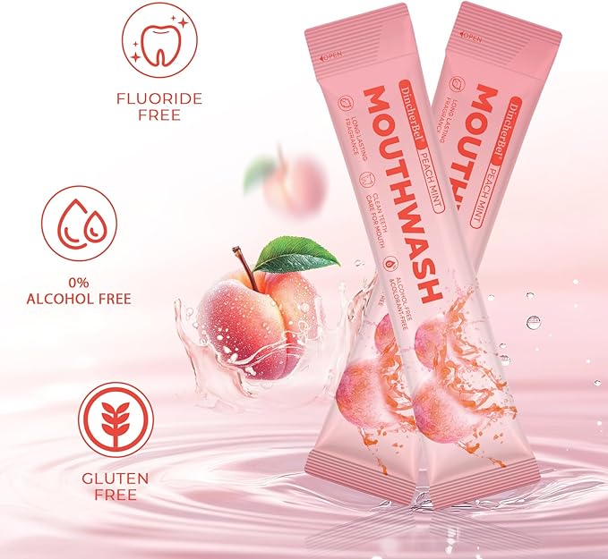Travel-Size Alcohol &amp Fluoride Free Peach Mint Mouthwash Packets 60 Individually Wrapped Portable Packs for Adults Fresh Breath Peach Mint Flavored Mouthwash for Oral Hygiene 0.63 Fl Oz Each