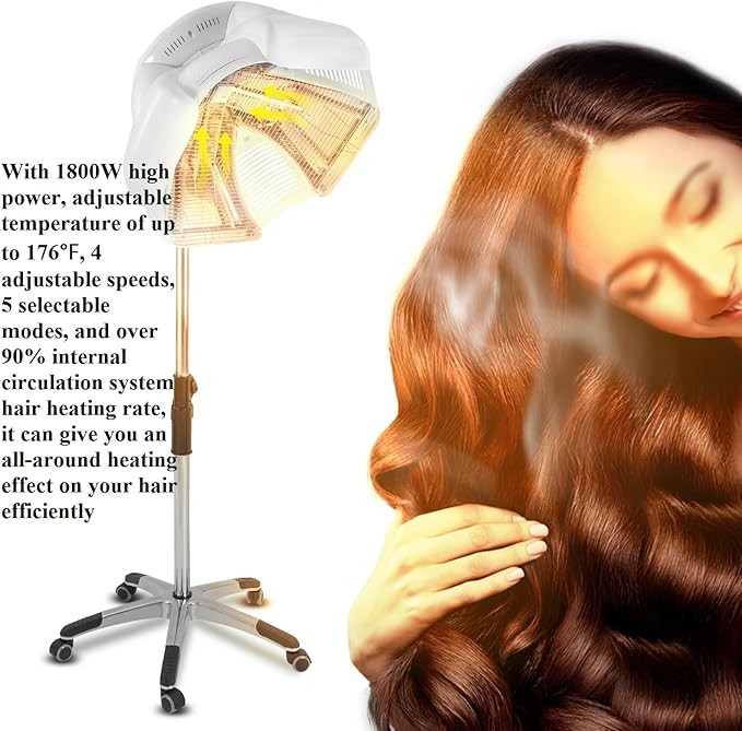 CNCEST Professional Hair Steamer Dryer with Stand1800W Hair Dryer with Stand60-Minute Timer 4 Adjustable SpeedsAdjustable Height 5 Selectable Modes 360° WheelsSalon Hair Perming Machine (White)