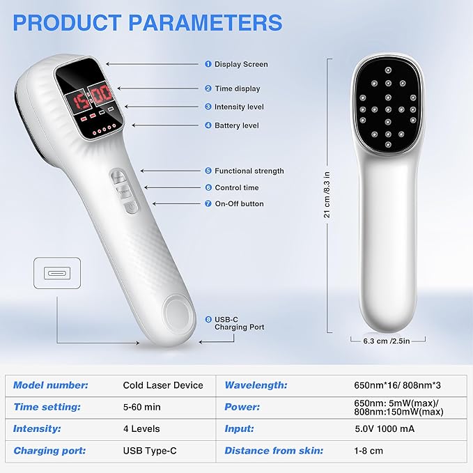 Red Light Therapy Device for Joints &amp Muscles Pain Relief Infrared Light Therapy for Body (3x808nm +16X650nm) Handheld Cold Laser Therapy Device for Humans/Pets