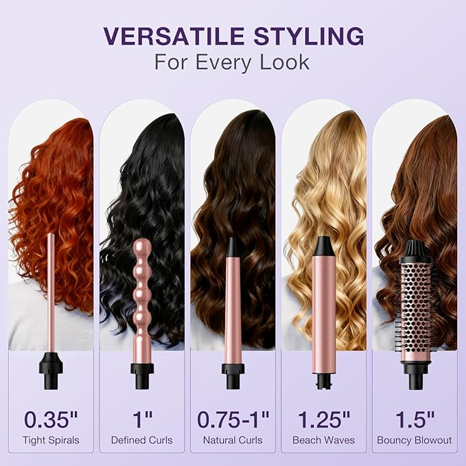 5 in 1 Curling Wand Set Multi Hair Styler with Thermal Curling Brush and 4 Interchangeable Ceramic Curling Wand (0.35-1.25) Glove Clips Dual Voltage Hair Wand Curling Iron Gifts for Women