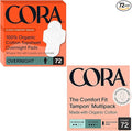 Cora Organic Feminine Care | Overnight Pads with Wings and Non-Applicator Tampon Pack | Ultra-Absorbent Unscented Natural Non-Toxic | 72 Overnight Pads and 72R/S Tampons | Bundle Pack
