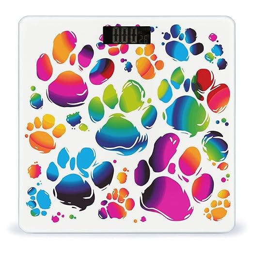 Colorful Dog Paw Print Scale for Body Weight Safe Rounded Corners Tempered Glass Digital Bathroom Scale LED Display 400lb Capacity Weight Scales with High Precision Sensors