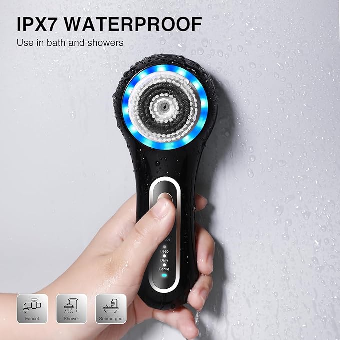Face Scrubber ExfoliatorFacial Cleansing Brush Rechargeable IPX7 Waterproof with 5 Brush HeadsElectric Face Spin Brush for Exfoliating Massaging and Deep Cleansing (Black+Gold)