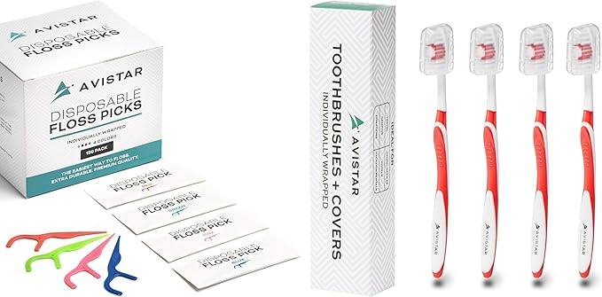 Avistar Dental Care Bundle: 450 Individually Wrapped Floss Picks (Multi-color) &amp 4 Medium Bristle Toothbrushes for Adults (Red) - Easy Grip &amp Convenient Oral Hygiene Kit for Travel Hotels &a