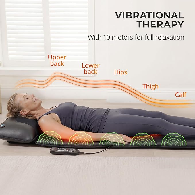 Shiatsu Full Body Massage Mat with Heat Detachable Massager Pad 10 Vibrating Motors 9 Intensity Levels Deep Tissue Pain Relief for Back Neck &amp Legs – Relaxation at Home or Office