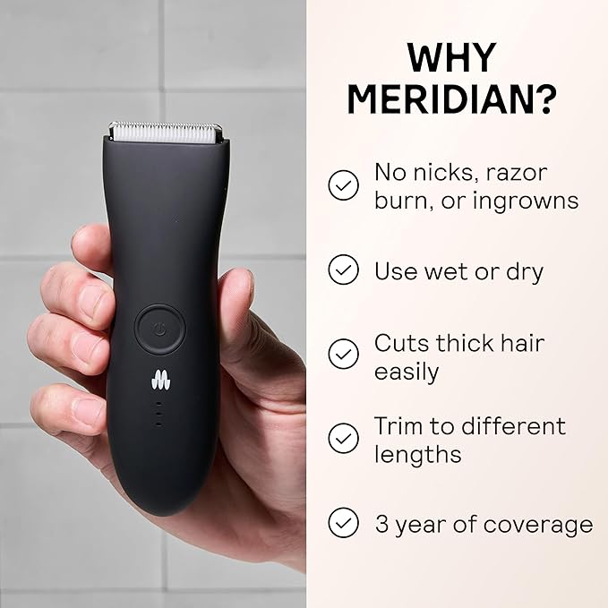 MERIDIAN The Trimmer Original – Body Hair Trimmer for Men Electric Groin &amp Body Groomer for Pubic Hair Chest Legs &amp Underarms Waterproof &amp Rechargeable Onyx