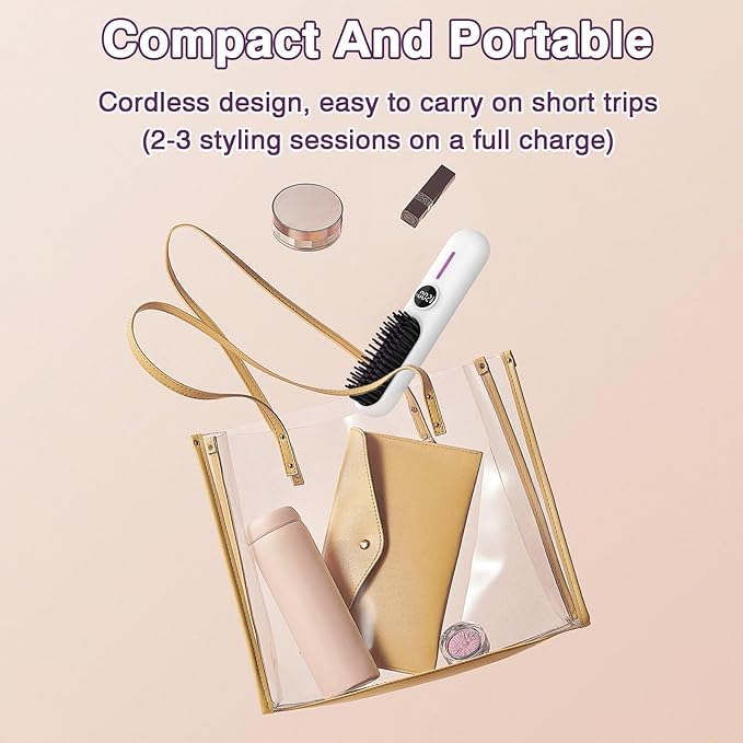 Cordless Hair Straightener Portable Travel Straightening Brush USB Rechargeable Mini Hot Ionic Straightener Comb for Women Fast Heating with 7 Temperature Adjustment (White)
