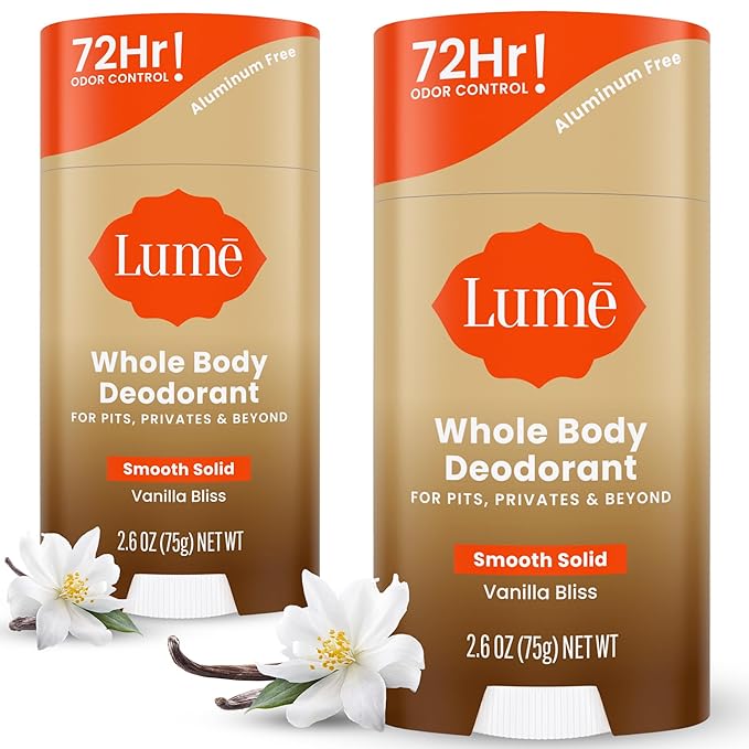 Lume Whole Body Deodorant - Smooth Solid Stick - 72 Hour Odor Control - Doctor Developed - Aluminum Free Baking Soda Free and Skin Loving - 2.6 Ounce (Pack of 2) (Vanilla Bliss)