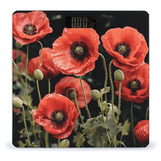 Red Poppy Flowers Leaves Bathroom Scale Rounded Smart Scale for Body Weight Automatic Power On/Off Weight Scales Accurate Bathroom Digital Scales for Pet Home Bedroom Kitchen