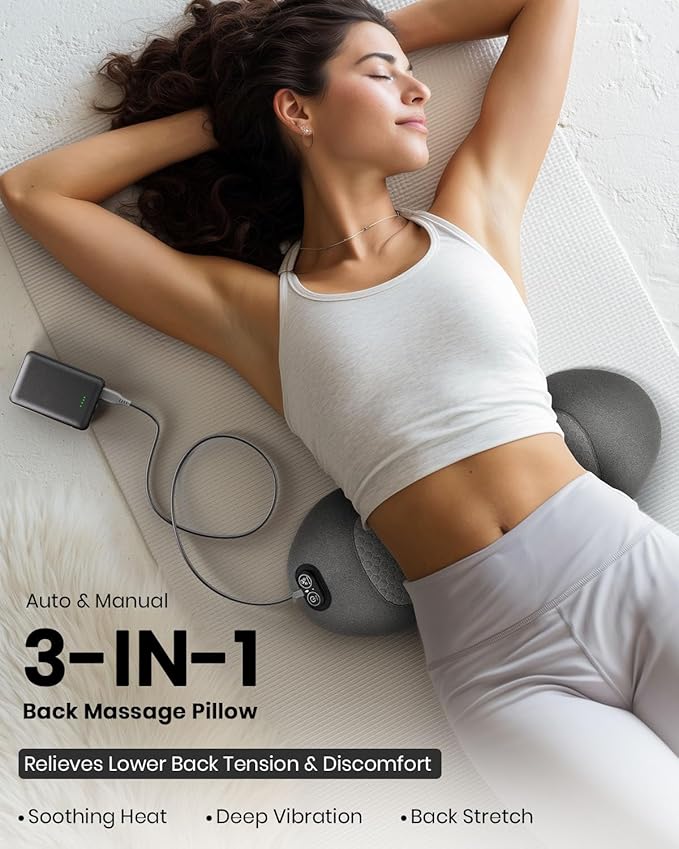 Upgraded 3-in-1 Portable Lumbar Pillow for Back Relief Smooth Spine Triple Fusion Back Massager with Stretch Vibration &amp Heat Includes 5000mAh Power Bank for Deep Relaxation on Bed Sofa &amp