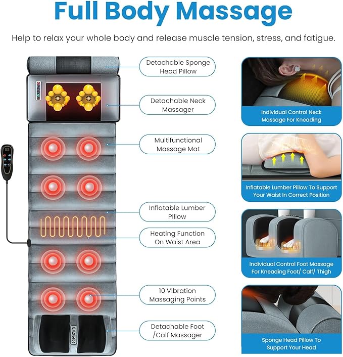KOCASO Full Body Electric Massage Mat Heating Vibration with Neck Foot Massage Head Pillow and Cloth Lumbar Pillow Timer Anti-Slip Bottom Earplugs - for Relaxation &amp Stress Relief(Advanced)