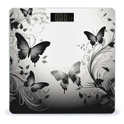Black Gray Butterflies Bathroom Scale Automatic Power On/Off Body Scales LCD Backlight Display Square Digital Scale Rounded Corners Bathroom Scales for Home Bedrooms