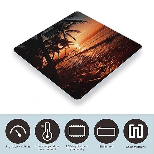 Dusk Tropical Beach Palm Scale for Body Weight Anti-Slip Tempered Glass Digital Bathroom Scales Clear LCD Display Weighing Scale Safe Rounded Corners Smart Scales