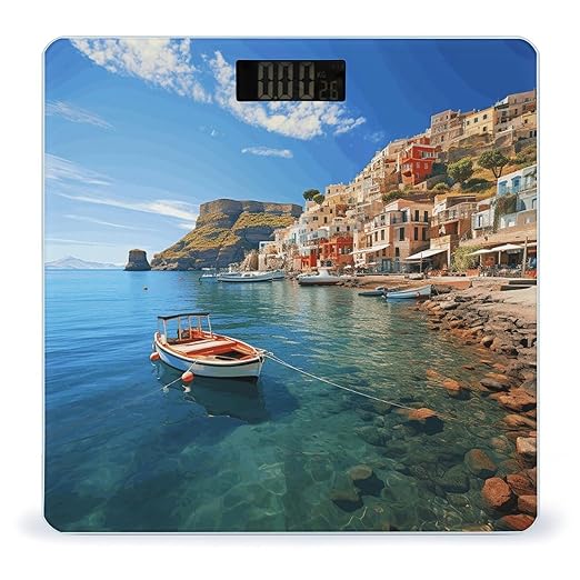 Seaside Town Scale for Body Weight Anti-Slip Tempered Glass Digital Bathroom Scales Clear LCD Display Weighing Scale Safe Rounded Corners Smart Scales