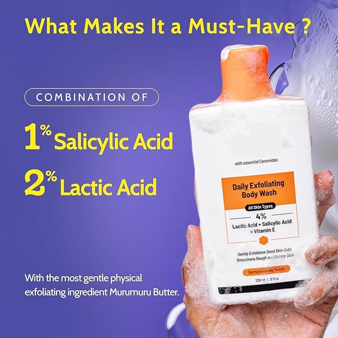 JP Exfol.iating Bo.dy Wash 236ml | 4% (Salicylic Acid Vitamin E and Lactic Acid) | Paraben &amp SLS Free | Gentle Exfoliating Shower Gel | Removes Tan &amp Body Acne | Prevents Dry Rough Bumpy Sk