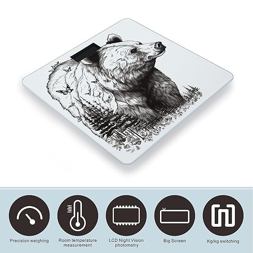 Wildlife Hand Drawn Bear Animal Smart Scale for Body Weight Accurate Bathroom Scale with LED Display Digital Weight Scales Weighing Machine High Precision Scales for Bath Home