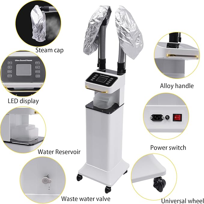 Vertical Nano Hair Steamer Nano Steamer Hair Dyeing Machine 650W Nano Hair Steamer Hair Color Processor with Touch Control 28.15oz Water Reservoir 2X Steam Caps White