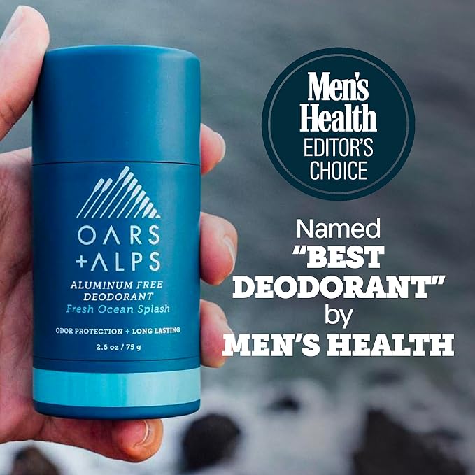 Oars + Alps Aluminum Free Deodorant for Men | Long Lasting Odor Protection Clear &amp Free of White Residue Anti-Chafing Smooth Glide Dermatologist Tested Fresh Ocean Splash 2pk 2.6oz