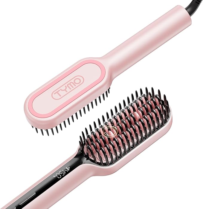 TYMO Hair Straightener Brush Upgraded Ionic Compact Straightening Brush for Women with Wave-Design Bristles Fast Smooth Styling Lightweight Hot Comb &amp Travel Flat Iron 1 Billion Ions Pink